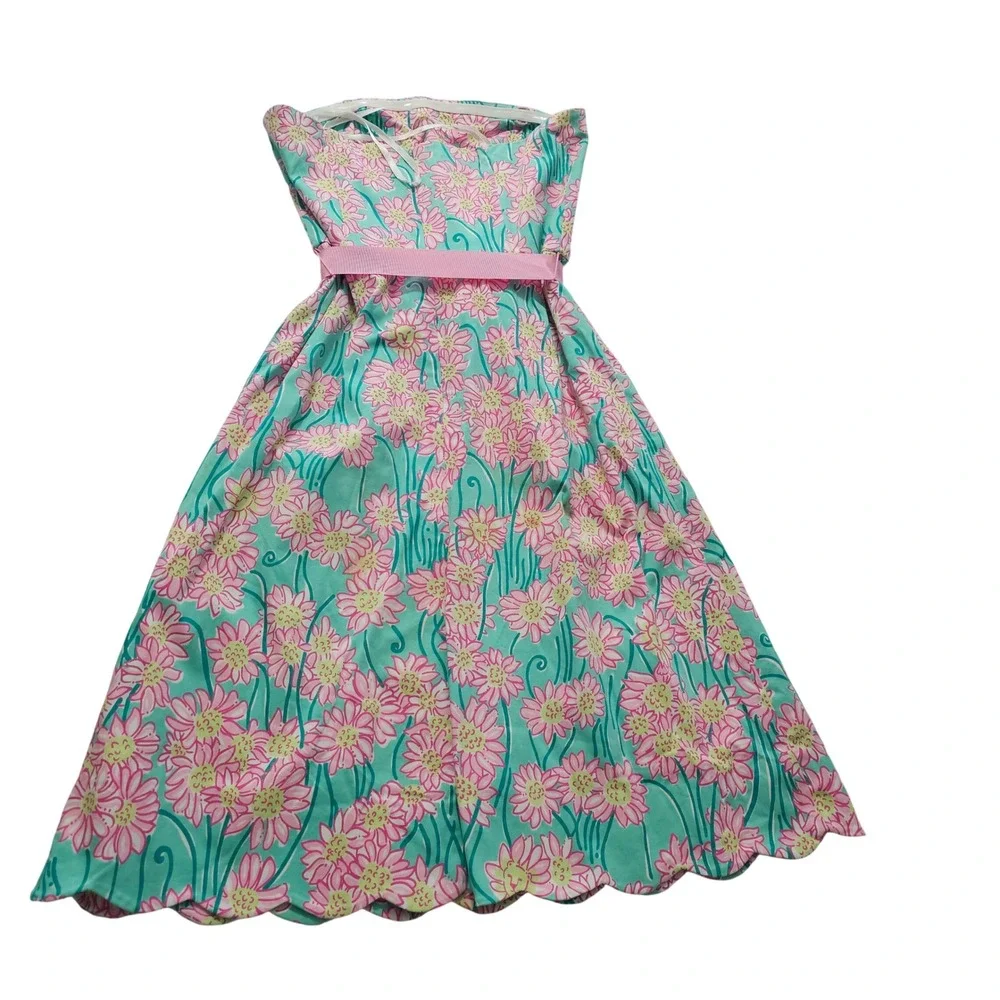 Vintage Lilly Pulitzer Strapless Floral Dress 4 Teal Pink Preppy Coastal Y2K - Picture 3 of 14